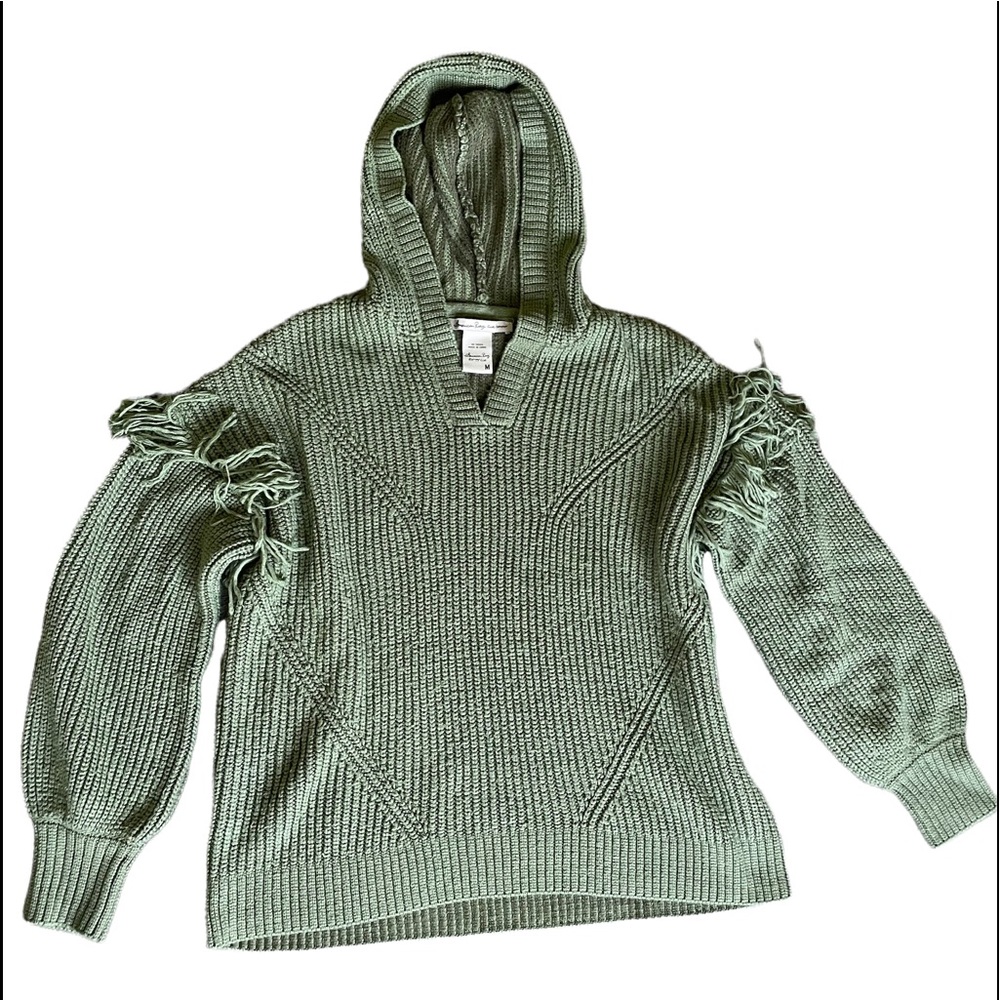 AMERICAN RAG SAGE GREEN KNIT HOODED SWEATER WITH FRINGE